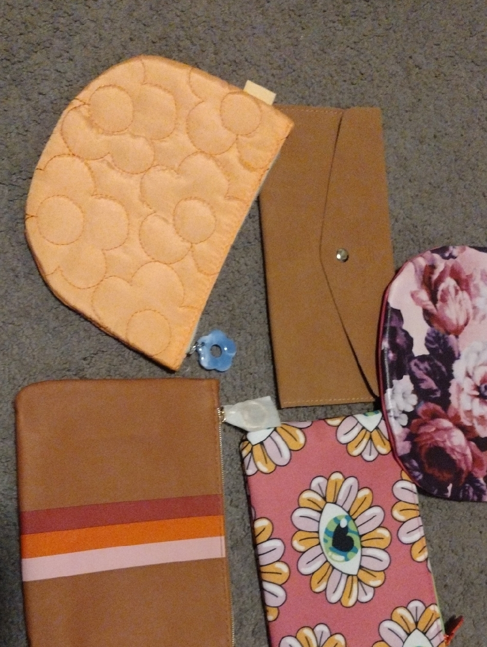 5 Assorted Cosmetic & Clutch Pouches - Peach, Tan, Pink, Floral Prints NEW